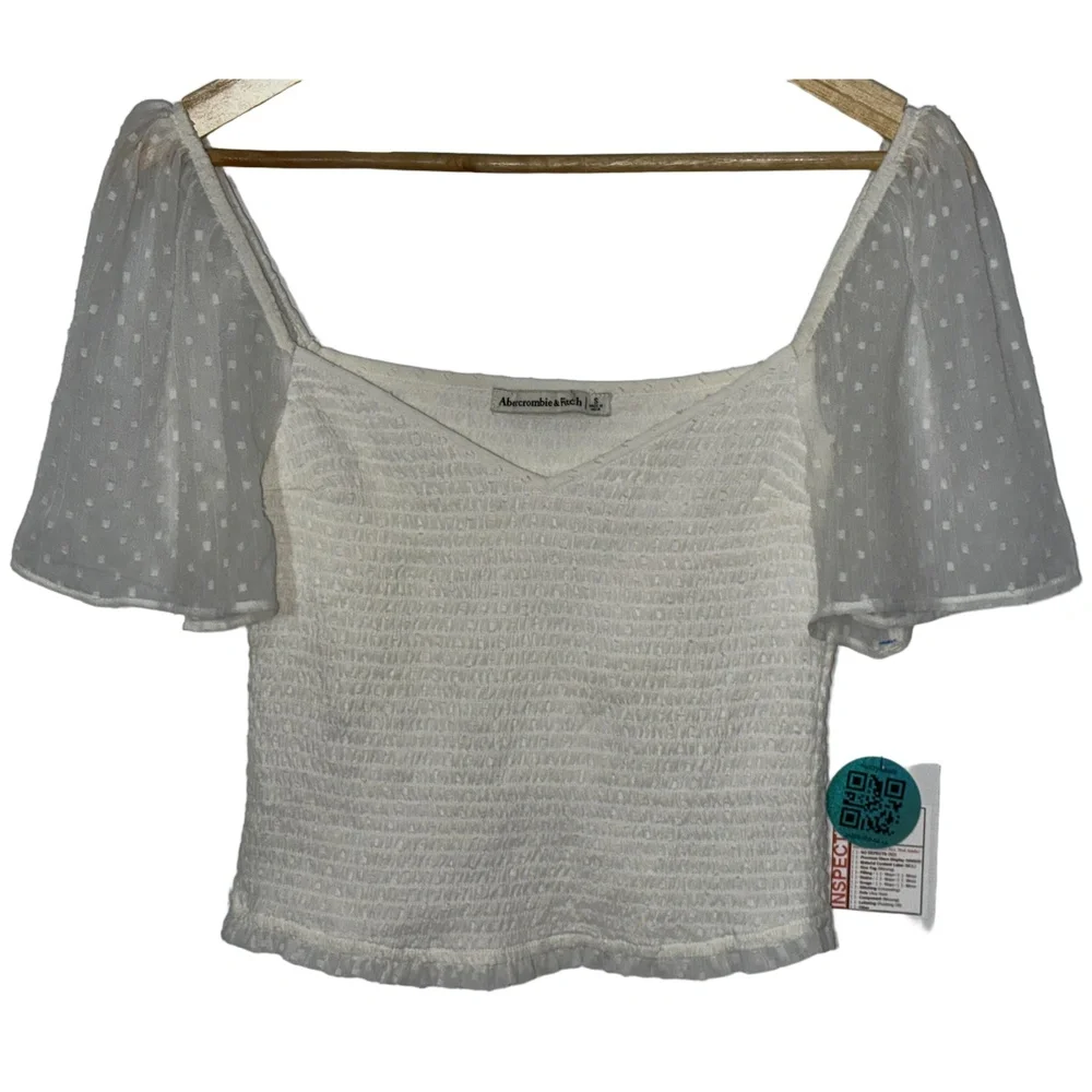 Abercrombie & Fitch White Sheer Polka Dot Smocked V-Neck Puff Sleeve Blouse Sz S